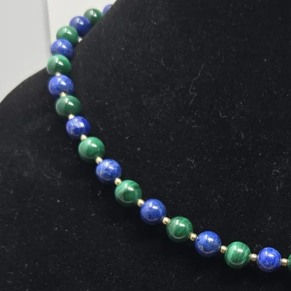 Vintage Lapis Lazuli Round Beaded Womens Necklace Gold Coated Silver Clasp - Picture 8 of 9